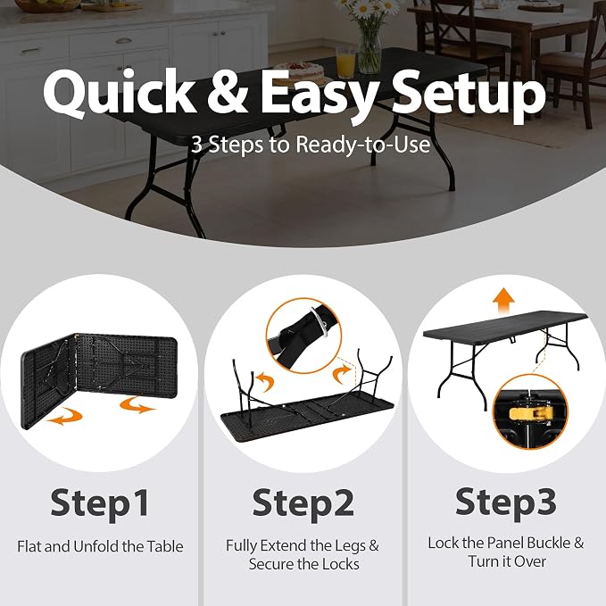 ZENY 8 Feet Plastic Folding Camping Table, Portable Indoor Outdoor Party Picnic Dining Table for Garden Soccer Party Wedding Multipurpose Entertaining Activities (Black)