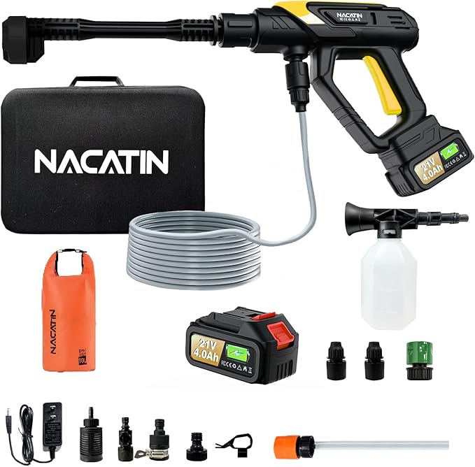 Cordless Washer, 9 Gear Brushless Washer for Car Washing, Patio, Fence, Driveway, Outdoor Cleaning， with 1 Battery, 6 in 1 Nozzle, 6 Meter Hose, Tap Adapter