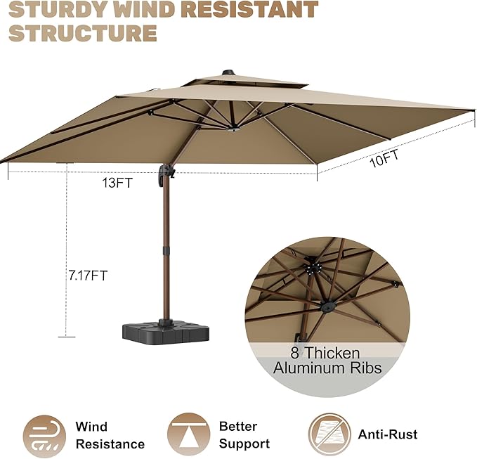 10x13FT Cantilever Outdoor Patio Umbrellas with Base, Double Top Wood Pattern Rectangle Umbrella, Heavy Duty 360°Rotation Offset Umbrella for Garden Deck Pool Patio, Brown