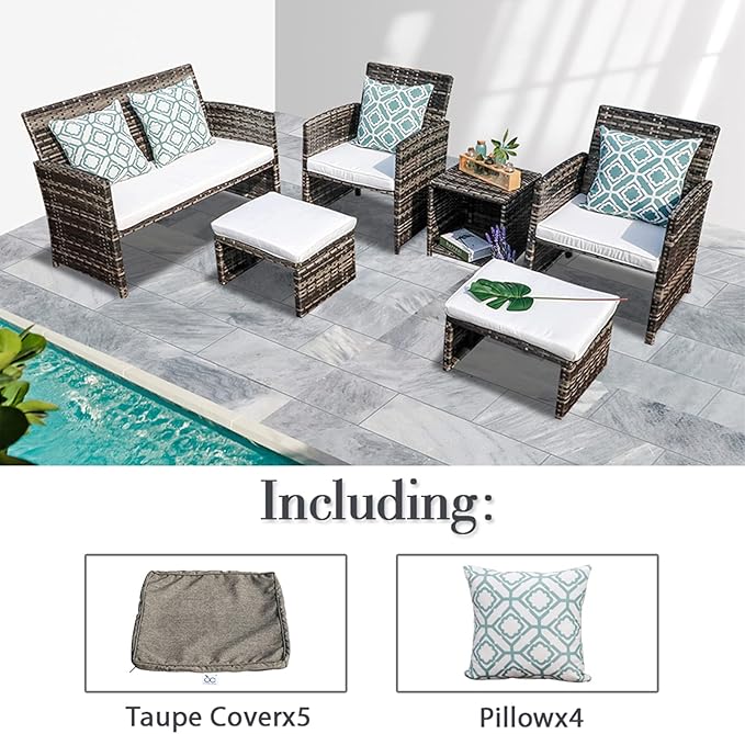 OC Orange-Casual Patio Furniture Wicker Conversation Set Pillows Included, Outdoor Loveseat Chairs with Ottomans, White Cushions w/Taupe Cushion Cover, Gray Wicker 6 Pieces