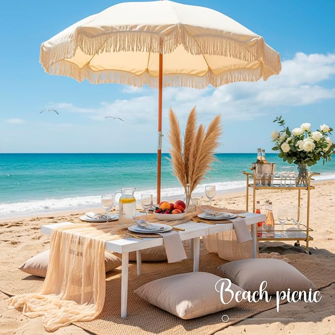 Novabright 4 Person 21.5 x 43 Inches Boho Table Low Folding Picnic Table Beach Portable Low Wood Floor Event Foldable Garden Wedding Party Camping Picnic with Runner Set(Retro White)