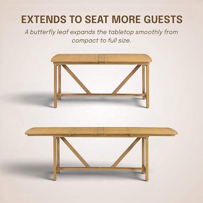 NTC Flexa Extendable Outdoor Dining Table, 63"–94.5" Solid Wood Patio Table for Patio Dining Sets with 8 Luno Chairs Weather Resistant, Easy Assembly, Natural