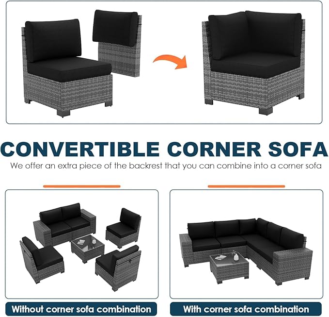 Patio Furniture Set, 6 Pieces Outdoor Sectional Sofa Conversation Sets Modern Wicker Seating Set, 4'' Thickened Cushions 1 Glass Coffee Table for Backyard Poolside, Black