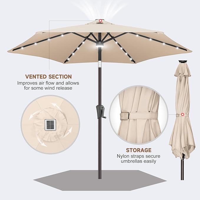 Jarka&Co 7.5ft Solar Patio Umbrella - Lighted Solar Outdoor Umbrella with 24 LED Lights Waterprool UV Protection, Market Table Umbrella with Tilt for Backyard, Garden, Pool, Porch (Beige)