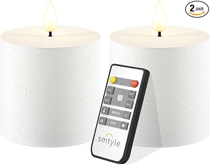 smtyle Vintage White Flickering Flameless Plastic Pillar Candles 3"x3" Set of 2 Battery Operated with Timer Electric Wedding LED Candles for Tables Bathroom Decor