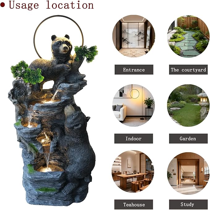 38.2" H Bear Outdoor Fountain with LED Lights and Five Tiered Waterfall Water Features,Suitable for Courtyard,Gardenand Indoor Decoration