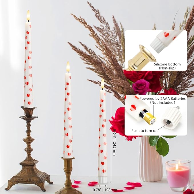 Valentine Day Flameless Taper Candles with Heart, 9.6" Real Wax LED Candles with Remote, 3 Pack Flickering Battery Operated Candlesticks for Proposal Wedding Anniversary Romantic Night