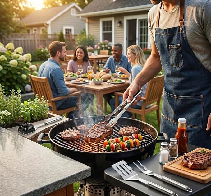 Stainless Steel BBQ Grill Tool Set - Barbecue Accessories & Utensils Sets - 4 Piece Spatula, Tongs, Cleaning Brush, Fork - 13.5" Barbeque Tools Kit - Gift for Grilling Lover Men Outdoor & Kitchen