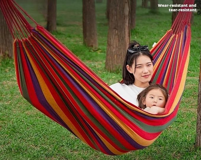 Canvas Hammock, Anti-Rollover Design, Tree Straps Included, Portable Swing for 1-2 Person, Red Striped
