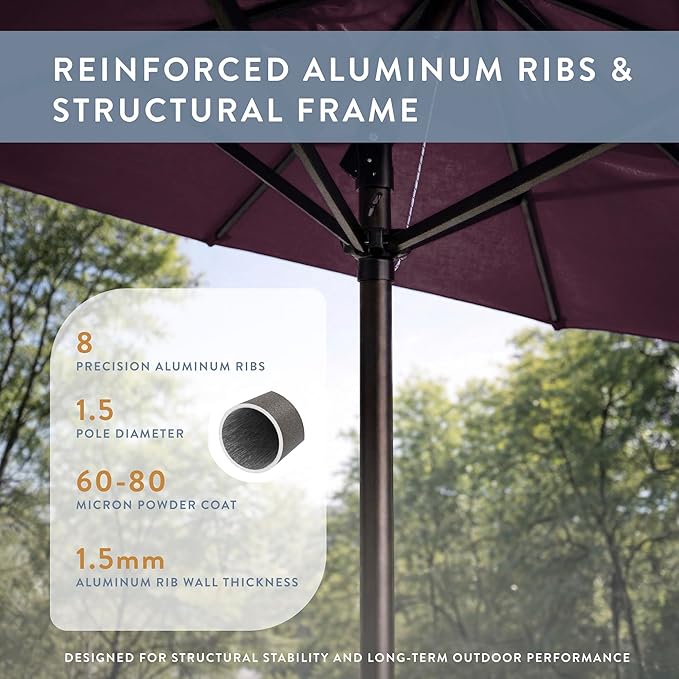 California Umbrella 10-Year Protection 9 Ft Outdoor Patio Umbrella, Pacifica Fade-Resistant Fabric, Auto-Tilt, Heavy Duty Aluminum Frame, 8 Reinforced Ribs for Pool or Deck, Bronze Pole, Purple