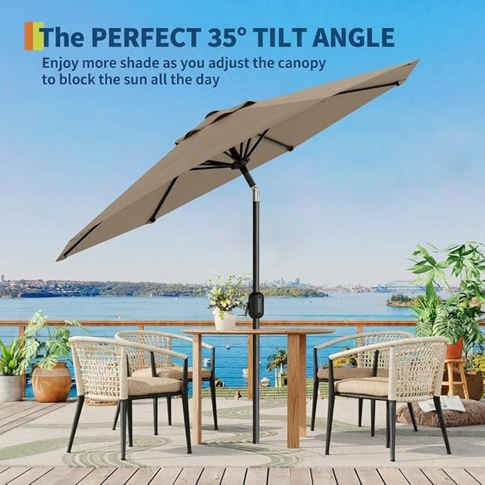 IDEALHOUSE 9FT Outdoor Patio Umbrella, Market Table Umbrella with Crank Lift & Push Button Tilt, Heavy-Duty Iron Frame & Polyester Canopy for Garden, Deck, Backyard, Pool