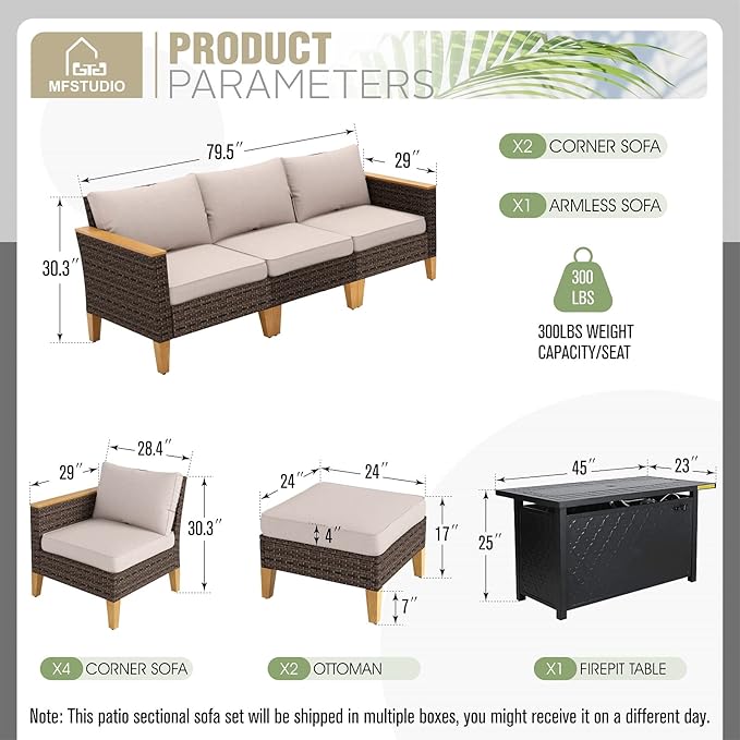 MFSTUDIO 9 Piece Wicker Patio Furniture Set with Fire Pit Table, 2 x Loveseat Sofa, 2 x Ottoman, 3-Seat Sofa, All-Weather Outdoor PE Rattan Patio Conversation Set for Garden, Backyard(Beige Cushions)