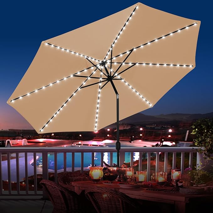 Sundale Outdoor Solar 104 LED 11 ft Patio Umbrella with Sand Bag Umbrella Base, Outdoor Umbrella with Tilt and Crank, Tan
