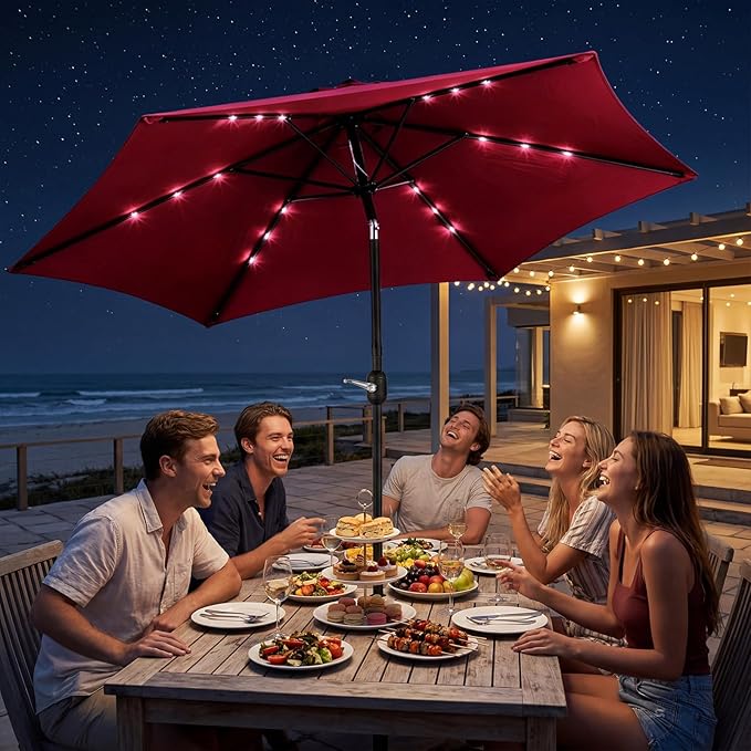 VINGLI 9FT Patio Umbrella with Solar Lights, Outdoor Umbrella with Push Button Tilt and Crank, Umbrella Outdoor Patio for Patio, Deck, Backyard, Pool