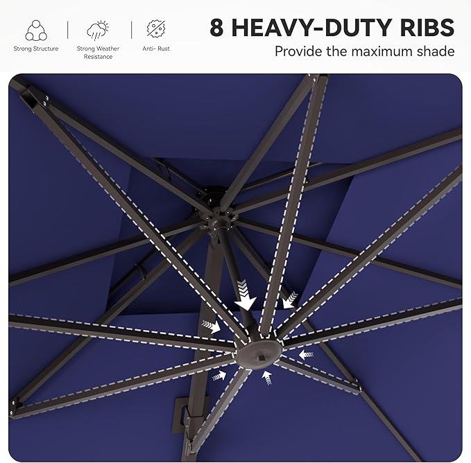 GENTEACO 10X10 FT Cantilever Umbrella, Large Offset Patio Umbrella with Double Top, 6 Angle Tilts & 360° Rotation, Large Square Sun Umbrellas for Outdoor Patio Pool Deck Market, Navy Blue