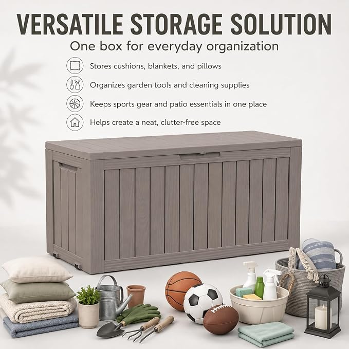 Outdoor Deck Patio Storage Box - 80 Gallon Resin Outside Storage Bin with Lid for Patio Cushions, Garden Tools, Pool Accessories & Backyard Toy Storage, Brown