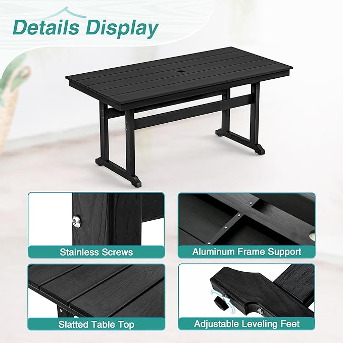 Rectangle Outdoor Dining Tables for 6, HDPE Weather Resistant Patio Dining Table, 66" Outdoor Tables with 1.96" Umbrella Hole for Porch, Balcony, Backyard, Black