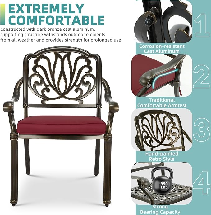 MEETWARM 7-Piece Outdoor Patio Dining Set, All-Weather Cast Aluminum Patio Conversation Set with 2 Swivel Rocker Chairs, 4 Stationary, 1 Rectangular Table, 6 Cushions, 2" Umbrella Hole, Chili Red