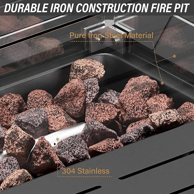 Belord 8 Pieces Patio Conversation Set with 43” Propane Fire Pit Table, Outdoor Sectional Furniture Sofa Set with Removable Gray Cushions for Patio Deck Backyard Brown