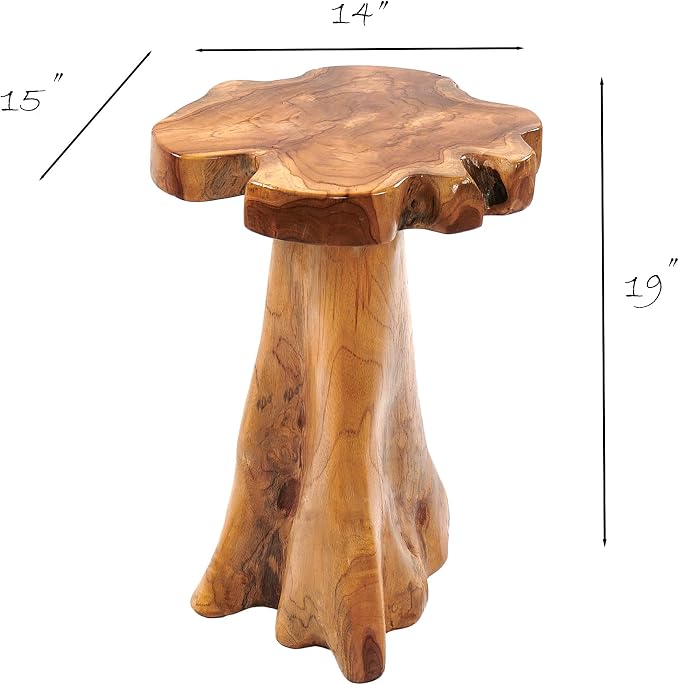 Teak Wood Stump Side Table 14"x15"x19" H Solid Natural Wood Live Edge Tree Stump Plant Stand Rustic Handmade Coffee End Table for Living Room Bedroom Outdoor Garden