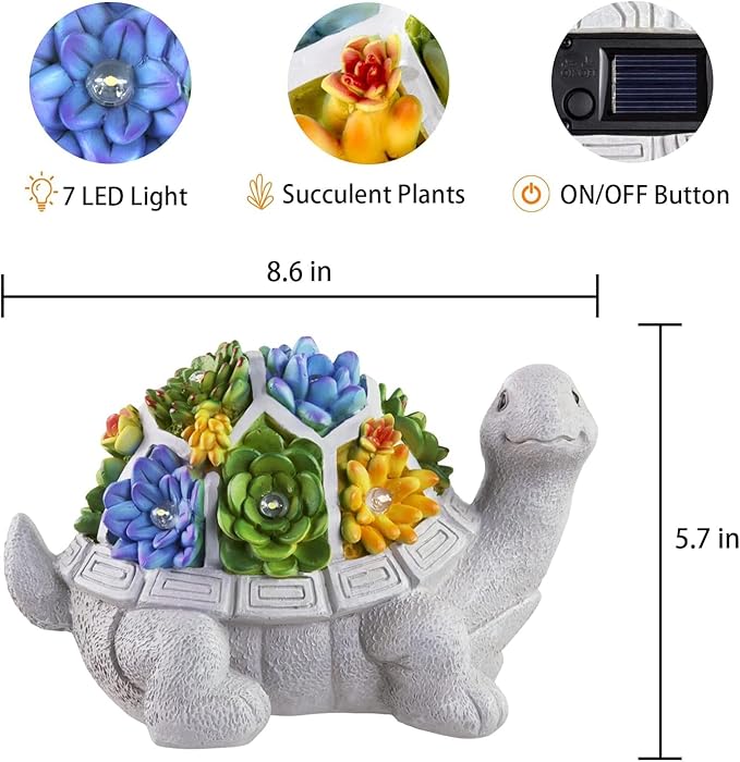 LESES Solar Garden Statues Turtle Figurine Decor with 7 LED Lights Outdoor Decoration Christmas Gifts for Women Mom Grandma Unique Tortoise Statue for Patio Backyard Yard Lawn Ornament