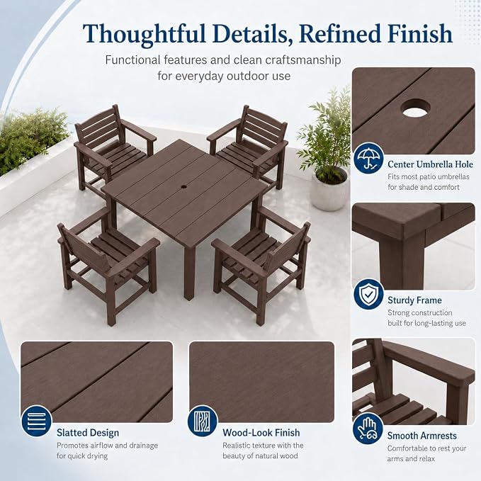 HDPE Outdoor Dining Set for 4, Square Table & Chairs Set | • All-Weather Polywood Composite • 410 lbs Heavy-Duty Support • Built-In 2" Umbrella Hole • Easy Soap-Water Wash