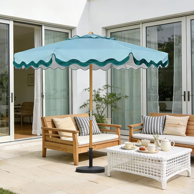 AMMSUN 8.2ft Vintage Wood Outdoor Umbrella, with a pulley system, UPF 50+, for markets, gardens, porches, courtyards, beach terraces, cafes, taverns, dining tables, pool sides, wedding venues