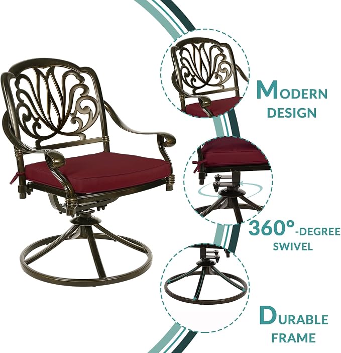 MEETWARM 3-Piece Outdoor Patio Dining Set, All-Weather Cast Aluminum Patio Conversation Set for Backyard Garden Deck with 2 Cushions Swivel Rocker Chairs and 31" Round Table, Umbrella Hole, Chili Red