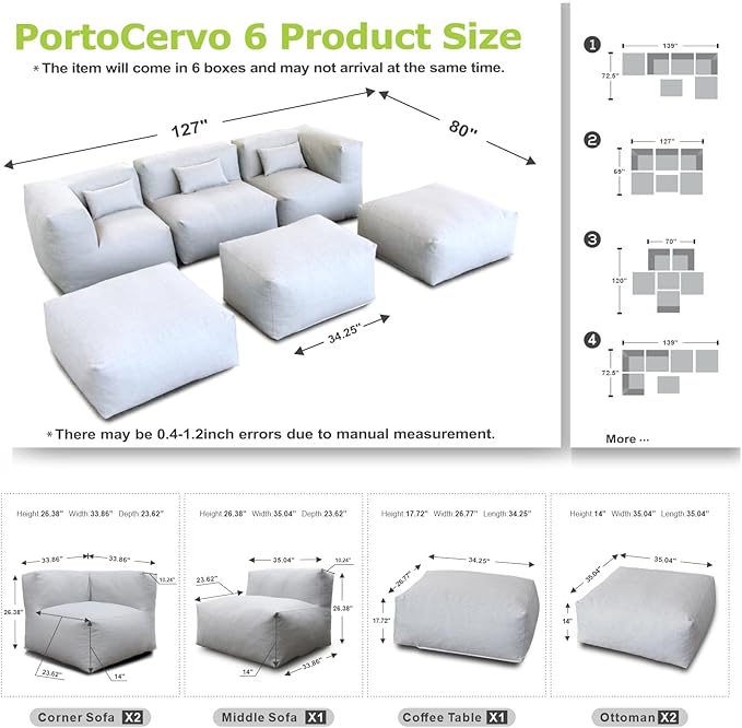 Patio Furniture Set Bean Bag Chairs PortoCervo 6PC Outdoor Chairs Sectional Conversation Patio Set Daybed Furniture Outdoor Sofa Couch High Density Foam Filling Modern Comfy Patio Couch (Light Gray)