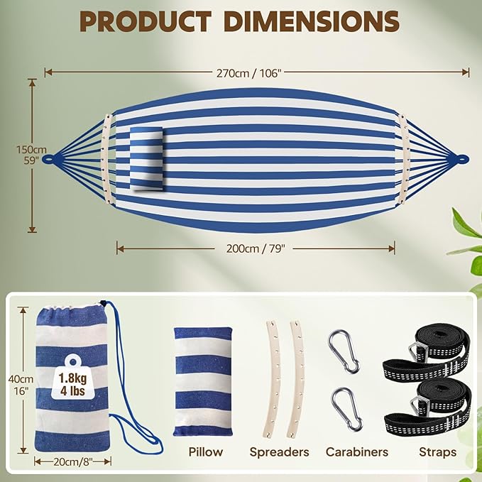 Chihee Cotton Hammock Holds Up to 660lbs Fabric Hammock 8.9x4.9ft Soft Portable Tree Hammocks Camping with Detachable Spreader Bar Pillow 2 Strong Webbings 2 Carabiners Indoor Outdoor Backyard Garden