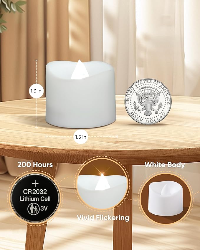 Raycare Cool White Battery Operated Tea Lights, 200+Hour Electric Flickering Flameless Candles, Realistic Votive LED Tea Lights for Wedding Party Table Thanksgiving Christmas Decorations, Pack of 12