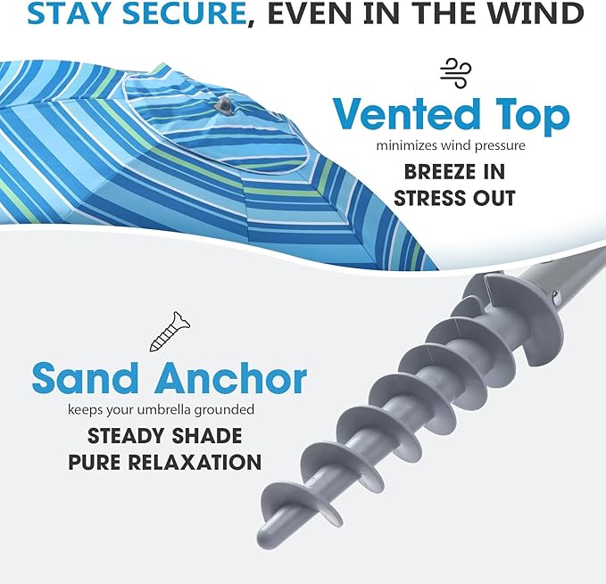 wikiwiki 7ft Beach Umbrella with Sand Anchor & Tilt, UPF 50+ Protection Beach Umbrellas for Sand, with Carry Bag and Hook, for Patio Garden Pool, Light Blue Stripes