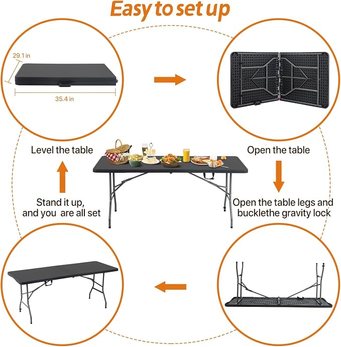 Dkeli Folding Table 6 ft | Portable Picnic Table | Folding Camping Table Heavy Duty for Outdoor Indoor Camping | Picnic and Party | Fold in Half with Handle and Sturdy Steel Frame - Black