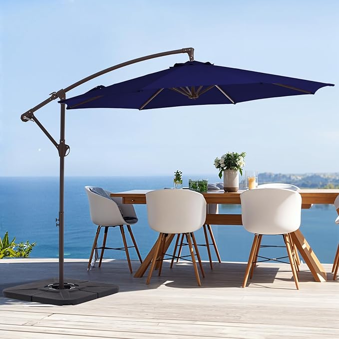 10FT Patio Umbrella, Outdoor Offset Cantilever Umbrella with Sturdy 8 Ribs and Reinforced Base, Easy Tilt Adjustment for Backyard Pool Garden,Navy Blue
