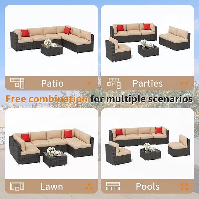 Oakcloud 7-Piece Outdoor Patio Furniture Sofa Set Black Rattan Wicker Sectional Conversation Sets with Glass Top Table and Cushions(Brown)