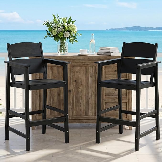HDPE Outdoor Bar Chairs Set of 2, 28.5" Seat Height Bar Height Patio Stools with Armrest & Back, Heavy Duty All Weather High Top Chairs for Porch/Poolside/Deck, 400lb Capacity, Black