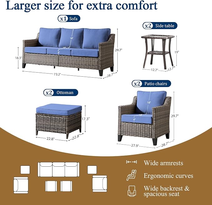 Luxury Patio Furniture Sofa Set - 7 Pieces All Weather Wicker Outdoor Couch and High Back Patio Chairs with Sofa & footstools for Deck Yard and Poolside Gray Wicker | Blue Cushions