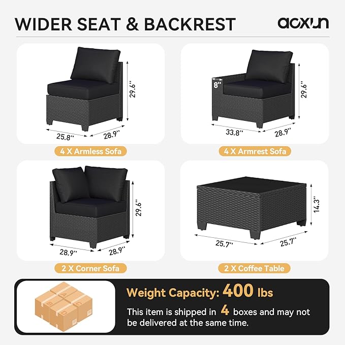 Aoxun Patio Furniture Set, 12 Pcs Outdoor Patio Furniture Sets with 4 in Thicken Cushion, Widen Armrests Wicker Outdoor Sectional for Backyard (Waterproof Cover Include)