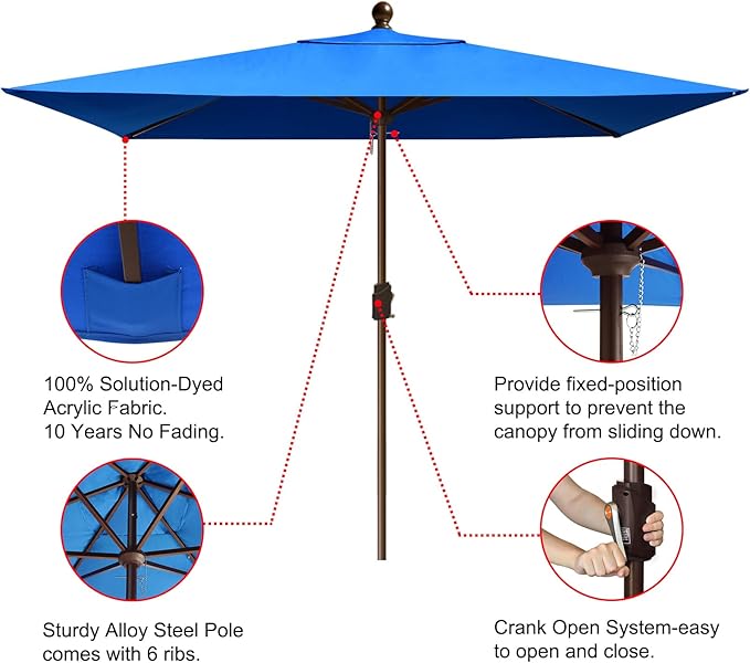 EliteShade USA 10-Year-Non-Fading 6.5x10Ft Rectangular Market Patio Umbrella, UPF 50+ UV Protection Performance Sun Umbrella, Heavy Duty Commercial Grade Outdoor Table Umbrella with Crank, Windproof Vented Top for Garden, Pool, Deck and Outdoor Playset...