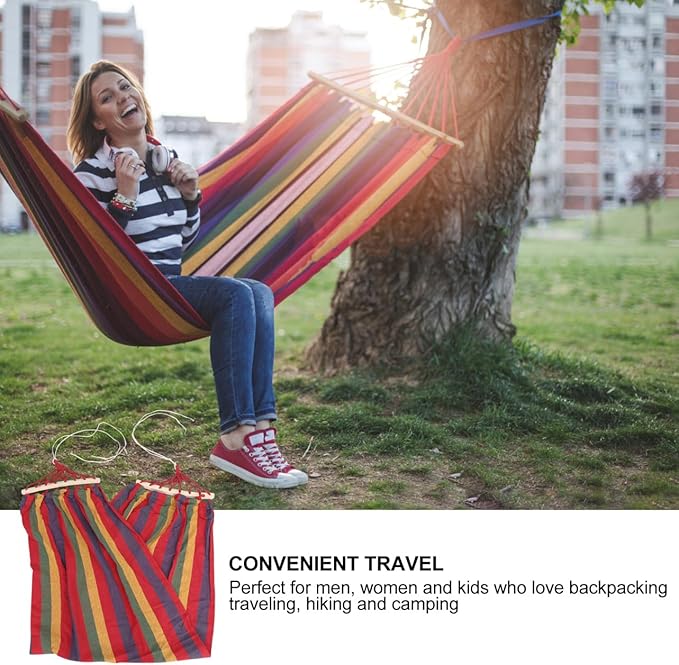 Canvas Single-Person Rainbow Striped Hammock with Anti-tip Design, Outdoor Traveling Swing for Leisure and Camping, Red Wide Cotton Fabric for Patio and Garden Use