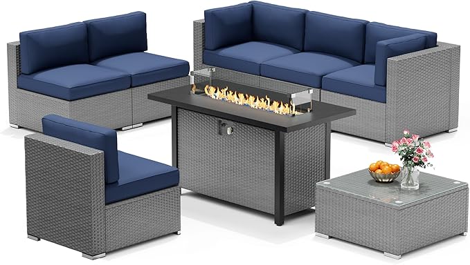 8 Pieces Outdoor Patio Furniture Set with 45” Propane Gas Firepit Table, Grey Wicker Patio Sectional Sofa Set, Outdoor Couch with Cushion and Tempered Glass Table, Dark Blue
