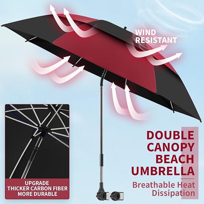 48.6" Double Canopy Beach Umbrella with Clamp, UPF50+ Beach Chair Umbrella with clip, 360°Adjustable Portable Outdoor Wheelchair, Patio, Golf Carts,Camping(Wine Red/Black)