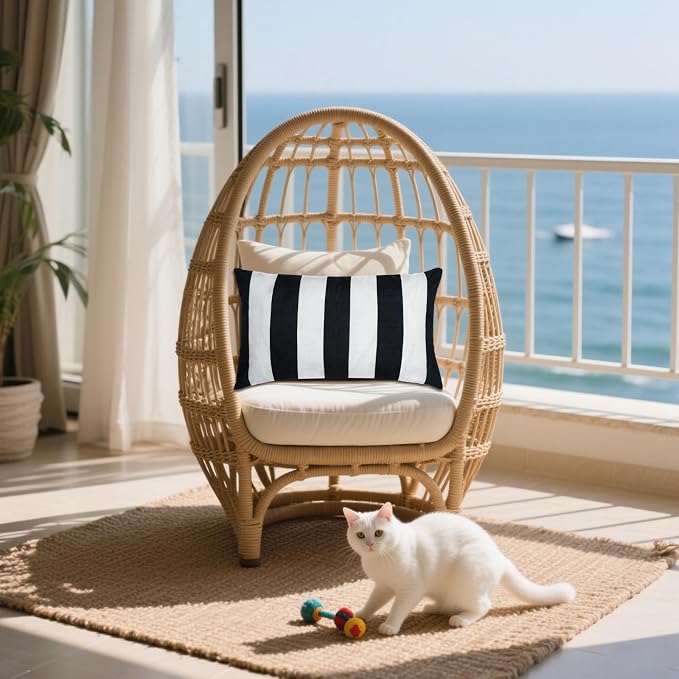 2 Pack Waterproof Pillow Covers Outdoor Throw Pillowcases Decorative Garden Cushion Case for Home Garden Patio Couch Balcony Striped (Black & White, 12 * 20 inch)