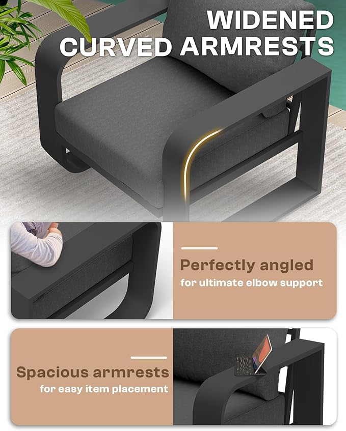 Aluminum Outdoor Patio Furniture Set, 4 Piece Oversized Patio Conversation Sets Widened Armrest & Ultra-Thick Cushions, Heavy Duty Modern Sectional Furniture for Backyard, Porch, Graphite