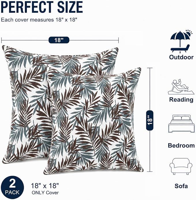 Outdoor Pillow Covers Waterproof Throw Pillow Covers, Set of 2 Jacquard Texture Water Resistant Fade Resistant Decorative Cushion Covers for Garden Patio Bench Couch Sofa, 18x18 Inch (Brown Palm)