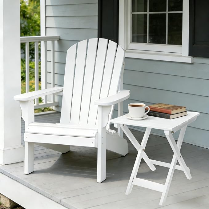 Outdoor Wooden Side Table, Folding Patio End Table, Small Square Furniture Table for Adirondack Chair, Balcony, Porch, Acacia Wood, No Assembly, White