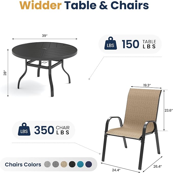 Amopatio 5 Pieces Patio Dining Set for 4, Outdoor Table and Chairs, 4 All Weather Stackable Patio Chairs, 39" Patio Spliced Round Table with Umbrella Hole, for Deck, Backyard, Garden,Brown