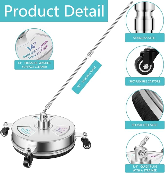 14" Pressure Washer Surface Cleaner with 4 Wheels-Stainless Steel Power Washer Accessories for Concrete Driveways Sidewalks Patios Cleaning (14 INCH Silver)