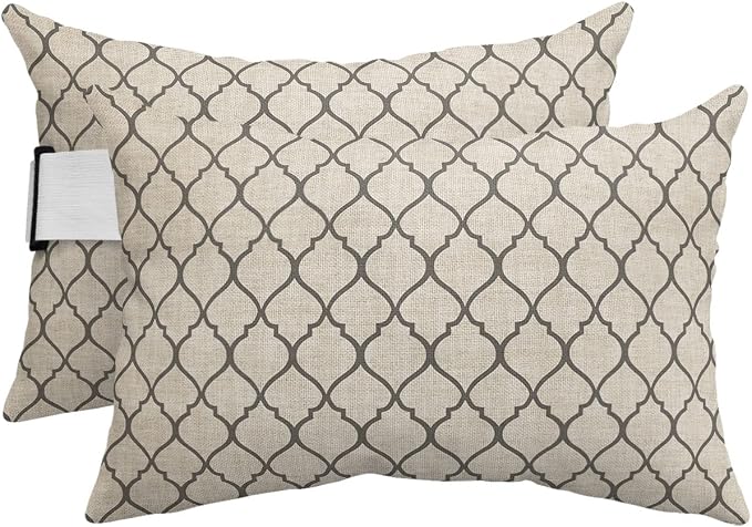 Outdoor Pillows Covers with Inserts Rustic Moroccan Geometric Quatrefoil Gray Lattice Waterproof Pillow with Adjustable Strap Throw Pillows for Patio Furniture Recliner Lounge Chair, 11x16 inch, 2PCS