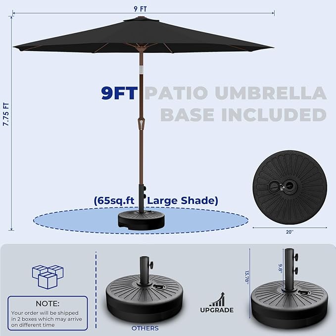 BRIOPAWS 9FT Patio Umbrella with Base Included | Outdoor Table Umbrellas | Push Button Tilt & Crank | 8 Sturdy Fiberglass Ribs | Waterproof | Heavy Duty for Garden Lawn DeckBackyard & Pool